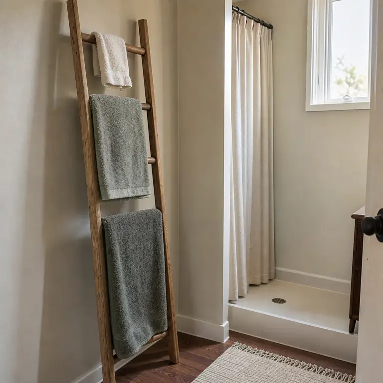Leaning towel ladder in a bathroom corner with towels spaced for airflow.