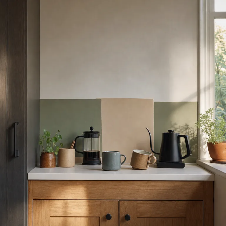 Dusty sage and beige adhesive color blocks form a simple backsplash behind a rental kitchen coffee station.