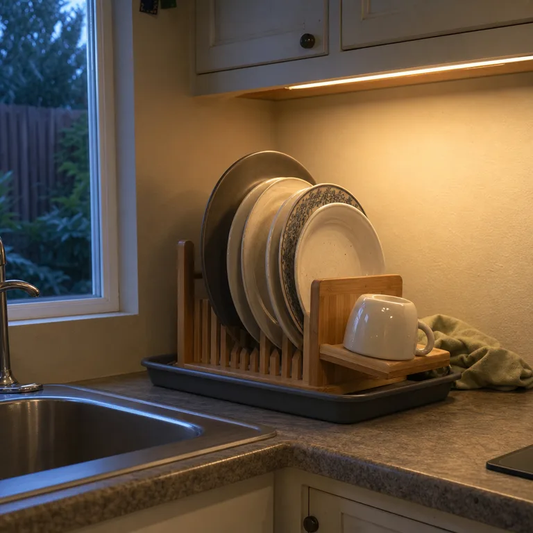 Vertical bamboo plate drainer with upright dishes in a removable tray beside a small sink.