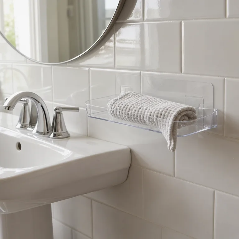 Clear adhesive shelf mounted on tile beside a pedestal sink.