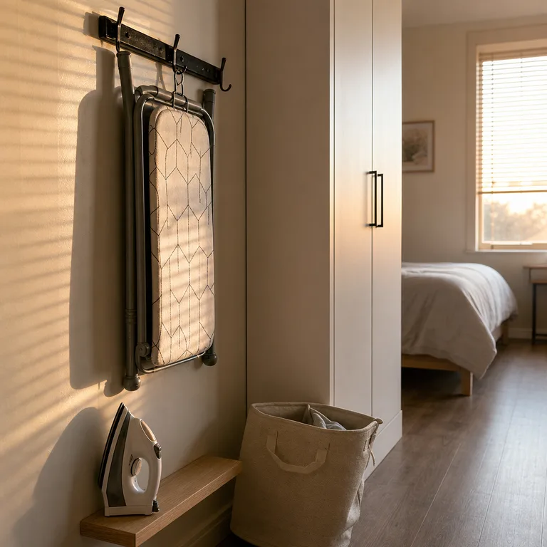A cooled portable ironing board folded and hung on hooks beside a bedroom wardrobe.