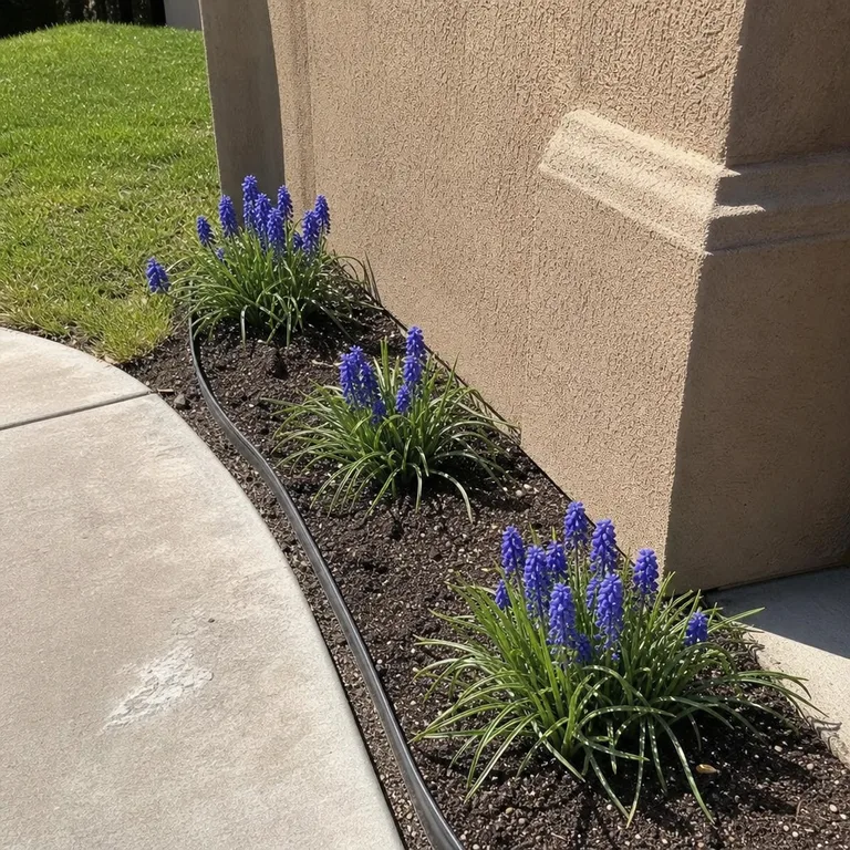 Three small clusters of blue grape hyacinths repeat along a curved front garden edge.