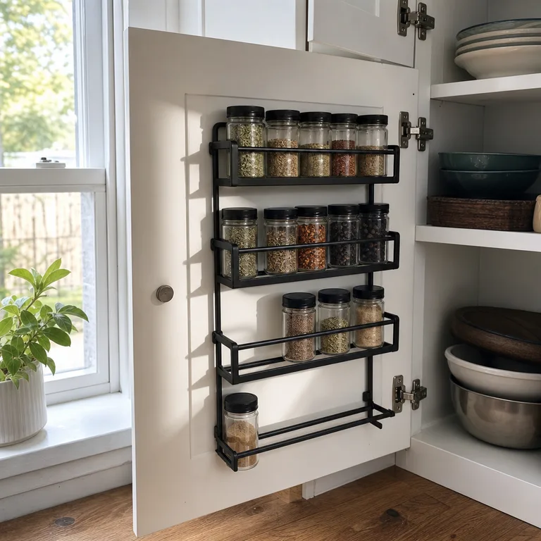 A slim rack holding spice jars on the inside of an open cabinet door.