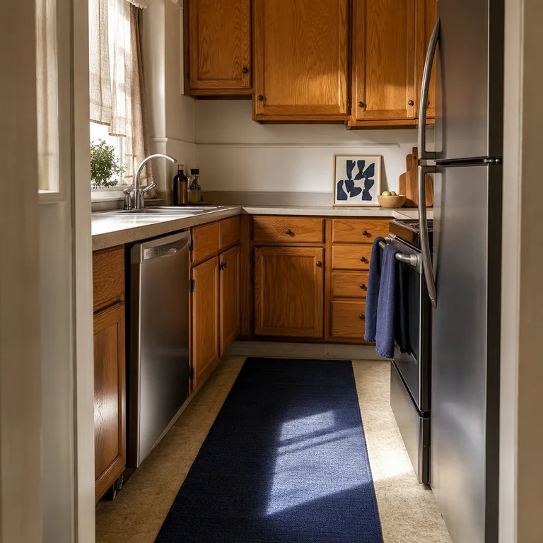 Oak galley kitchen with a navy runner, navy tea towels, and small navy artwork.