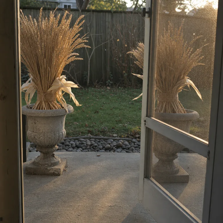 Old concrete urns filled with tied wheat and corn-husk bundles at a screen-door entrance.