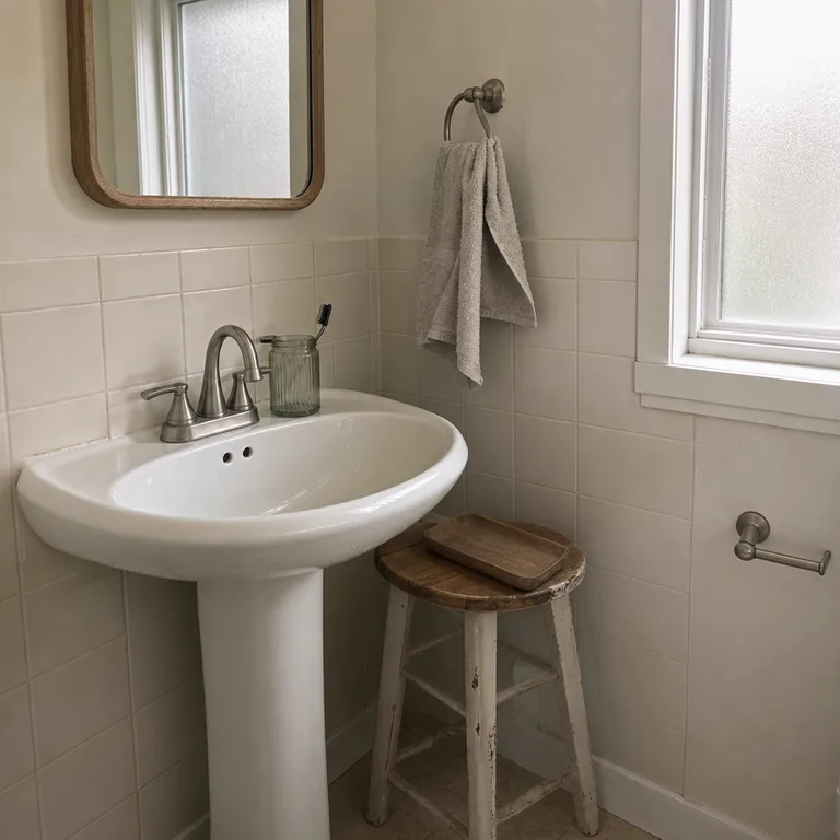 Small wooden stool beside a pedestal sink used as a toiletry landing spot.