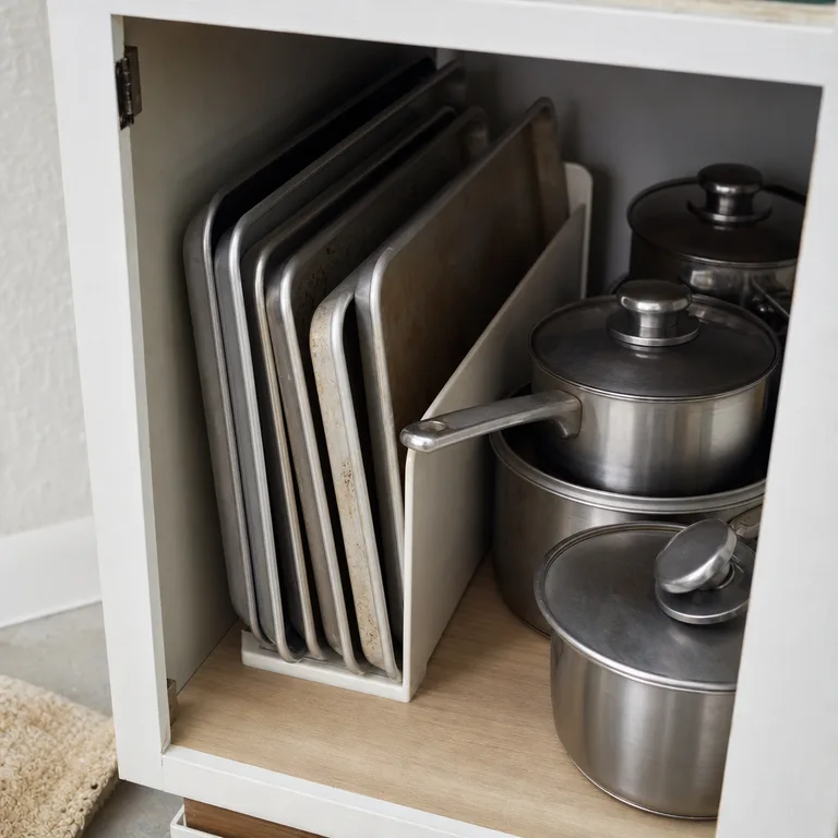 Narrow cabinet-side bay storing large baking sheets upright beside saucepans.