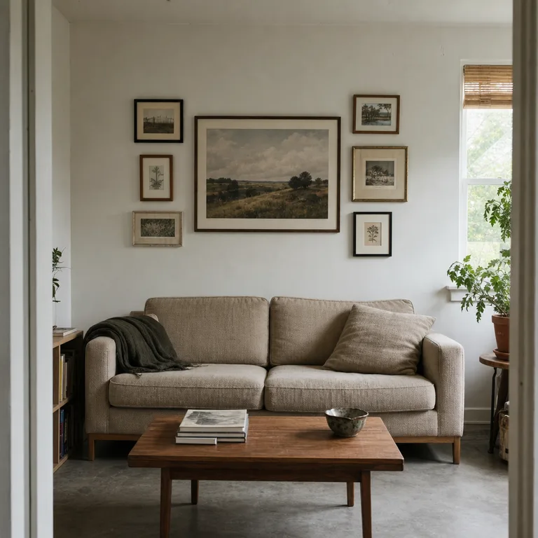 A large center frame surrounded by smaller mismatched frames forming a rectangular gallery wall.