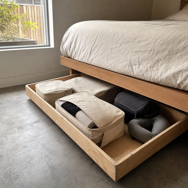 A shallow pull-out tray under a bed holding travel accessories and packing supplies.