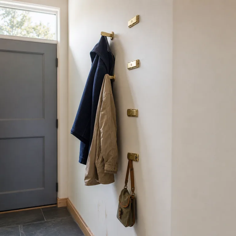 Vertical row of folding brass hooks uses a narrow entry wall for coats and a bag.