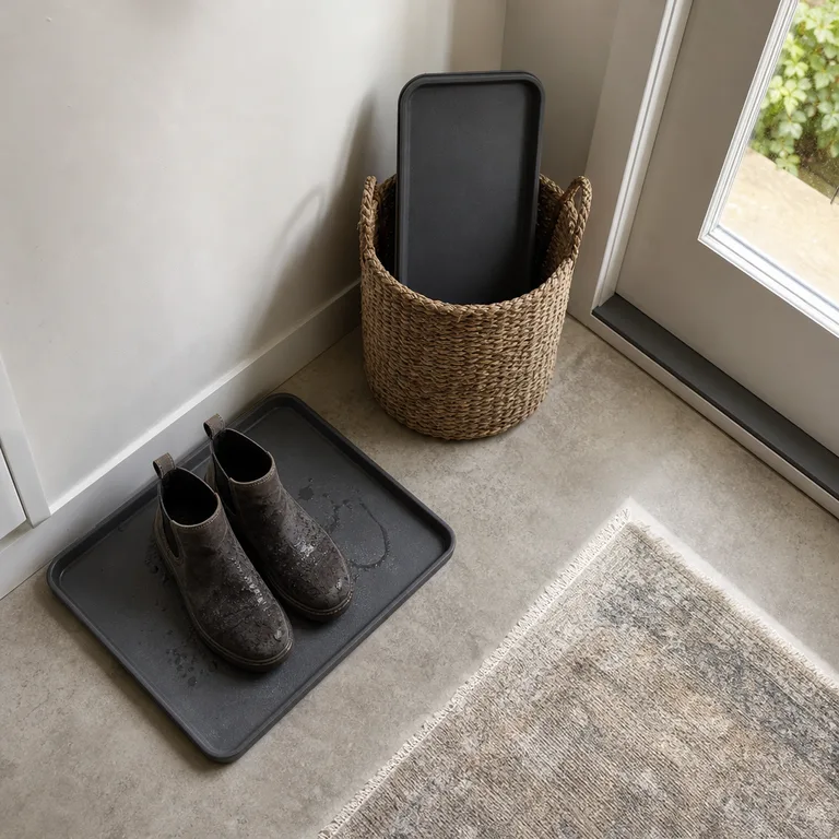 A used boot tray by the door has a clean spare tray stored in a nearby basket.