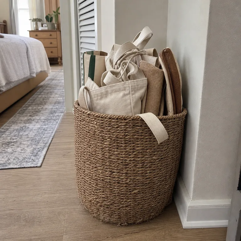 Canvas tote bags stored upright in a tall woven hamper.
