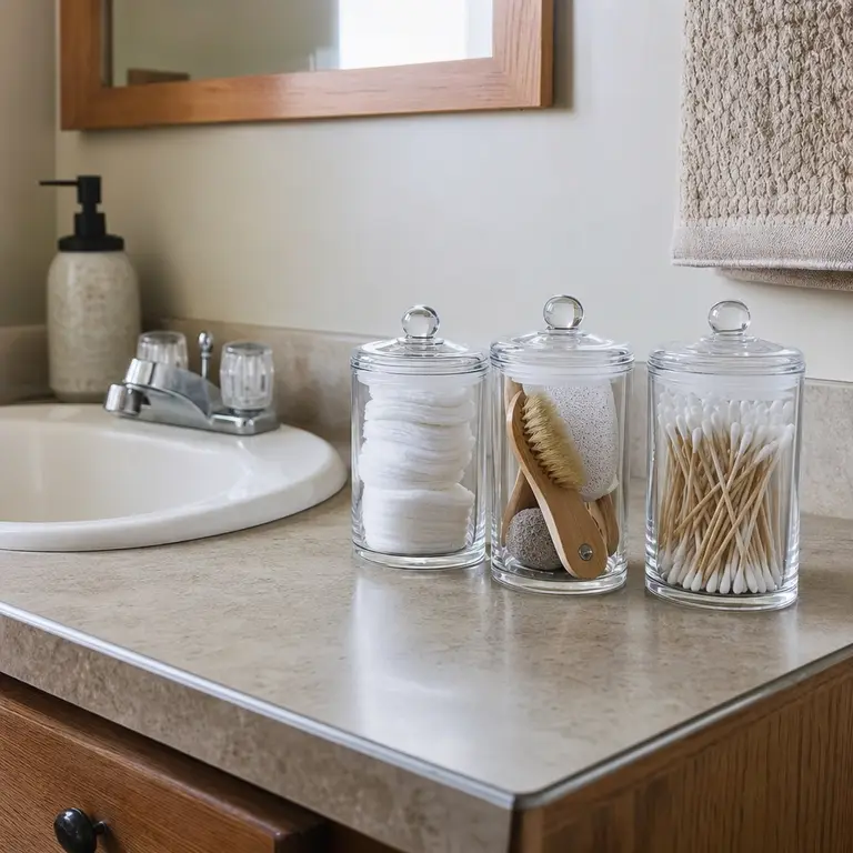 Simple lidded containers organize everyday dry bathroom items on a dated vanity.