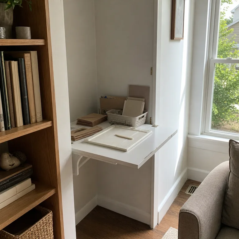 Wall-mounted drop-leaf desk opened for paper crafting in a small living-room niche.