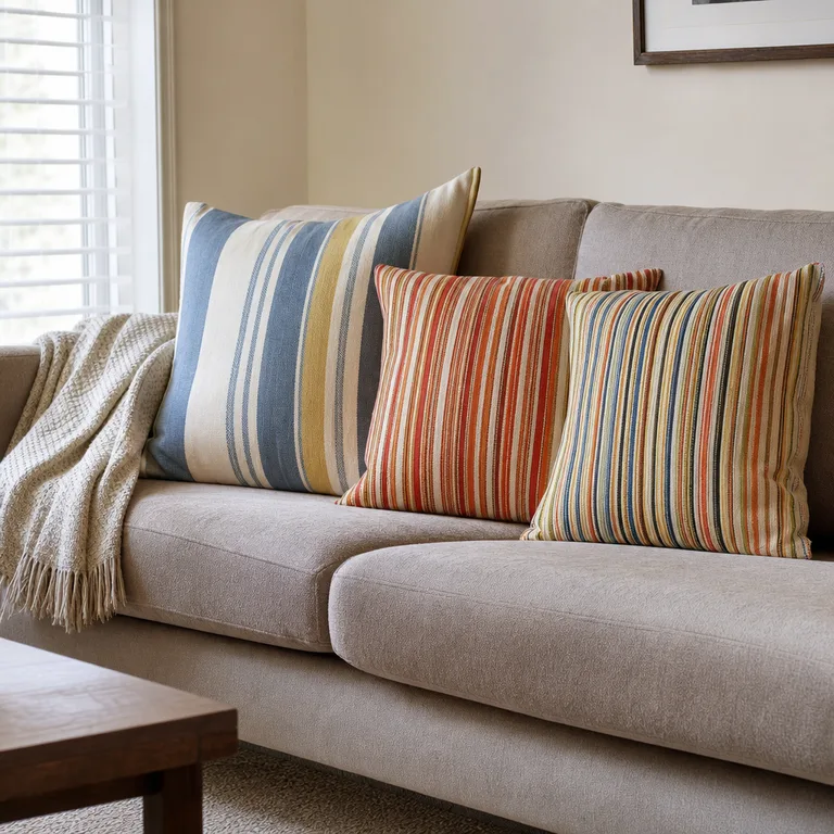 Colorful striped pillows arranged on a neutral living room sofa.