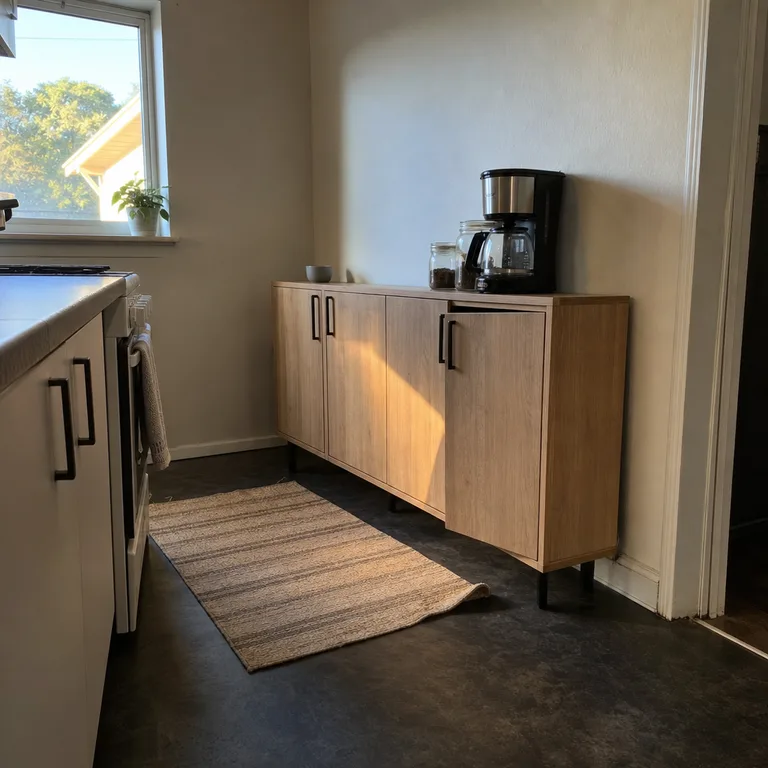 A slim sideboard used as a coffee station along a small kitchen wall.