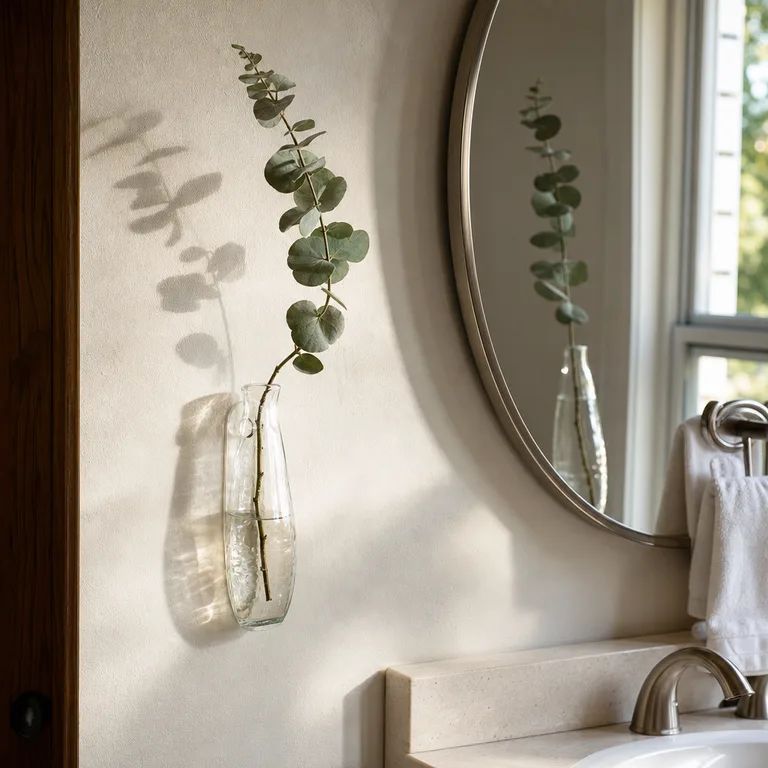 Clear wall vase with a single eucalyptus stem mounted beside an oval bathroom mirror.