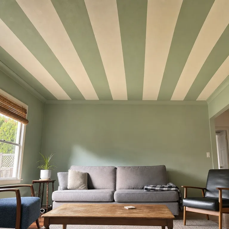 Broad painted stripes across the ceiling above a simple living room seating area.