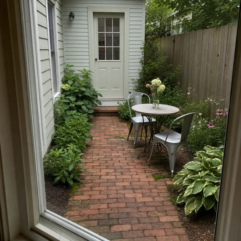 A straight reclaimed-brick path connects a back door with a small patio table in a compact yard.