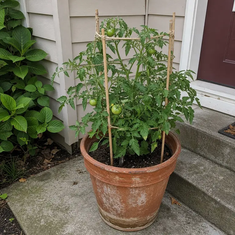 A compact tomato plant supported by a bamboo cage in a large terracotta pot.
