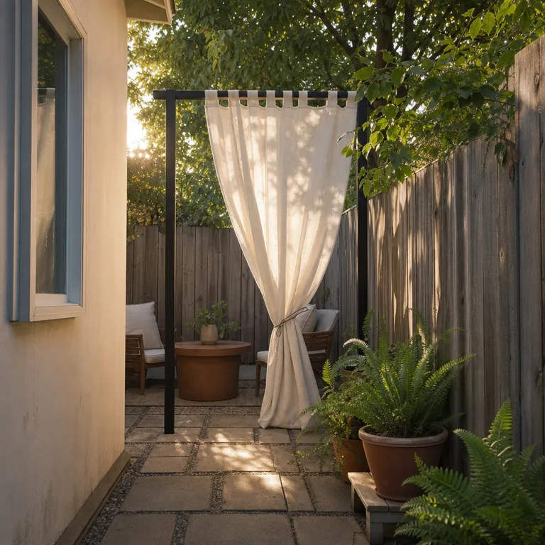 An off-white curtain on a freestanding frame creates a temporary screen beside a small backyard seating nook.