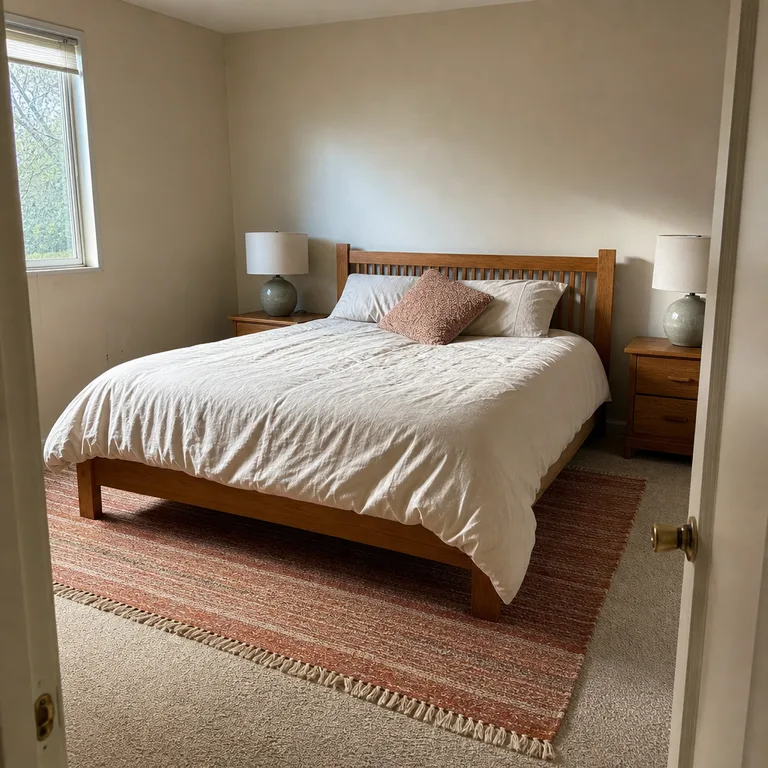 Queen bed set over the lower portion of a rust and cream rug on beige bedroom carpet.