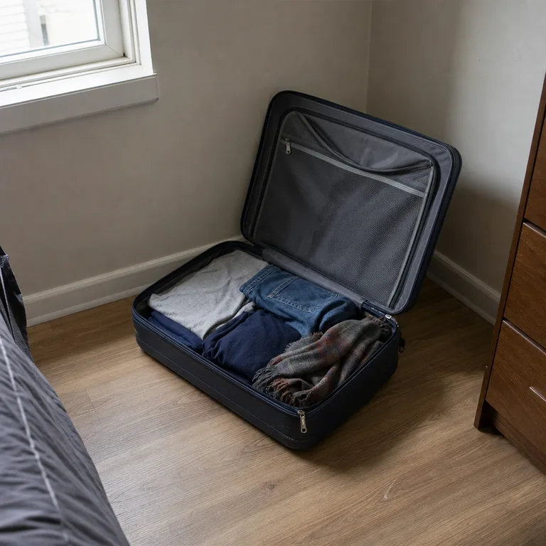 An open suitcase used to hold neatly folded off-season clothes on a bedroom floor.