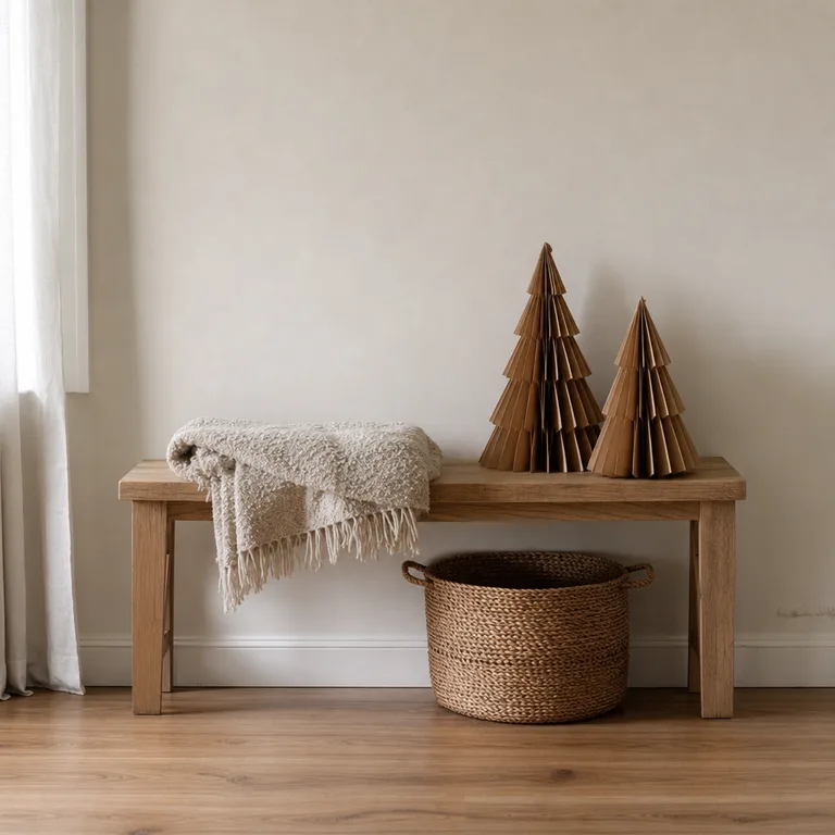 Folded kraft paper trees form a wall display above a wood bench with a throw and seagrass basket.