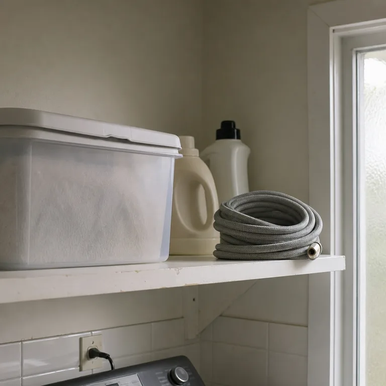A lidded storage bin on a high shelf contains loose laundry tools above a bathroom utility area.