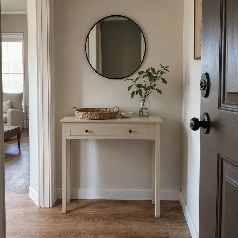 Round black-framed mirror above a narrow entry console with a key tray and small ceramic bowl.