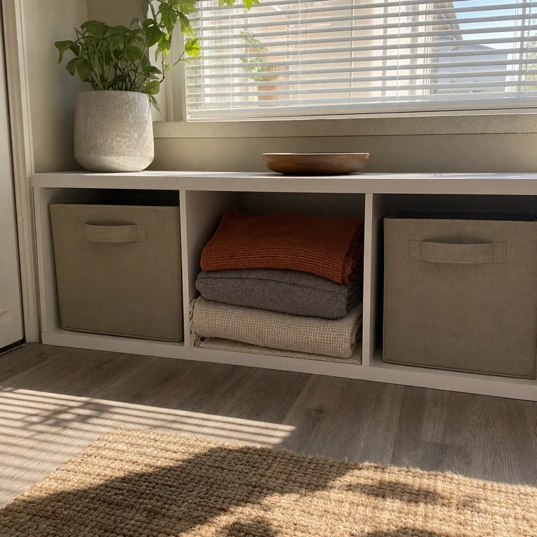 Folded blankets fill one section of a white cube shelf below a window.