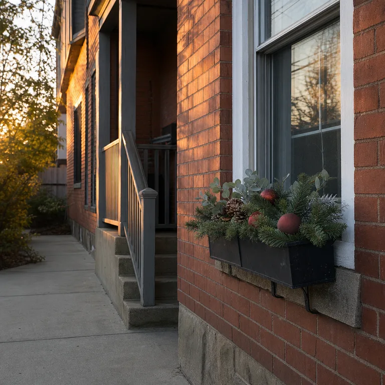 An evergreen-filled window box decorates the wall beside a narrow clear porch approach.