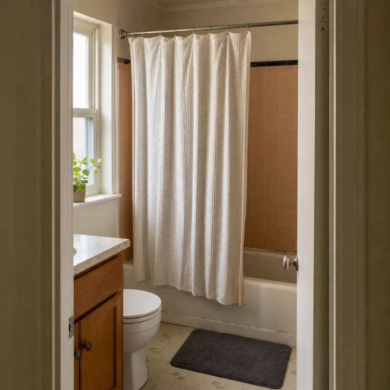 Warm white woven shower curtain paired with peach ceramic tile in a small older bathroom.