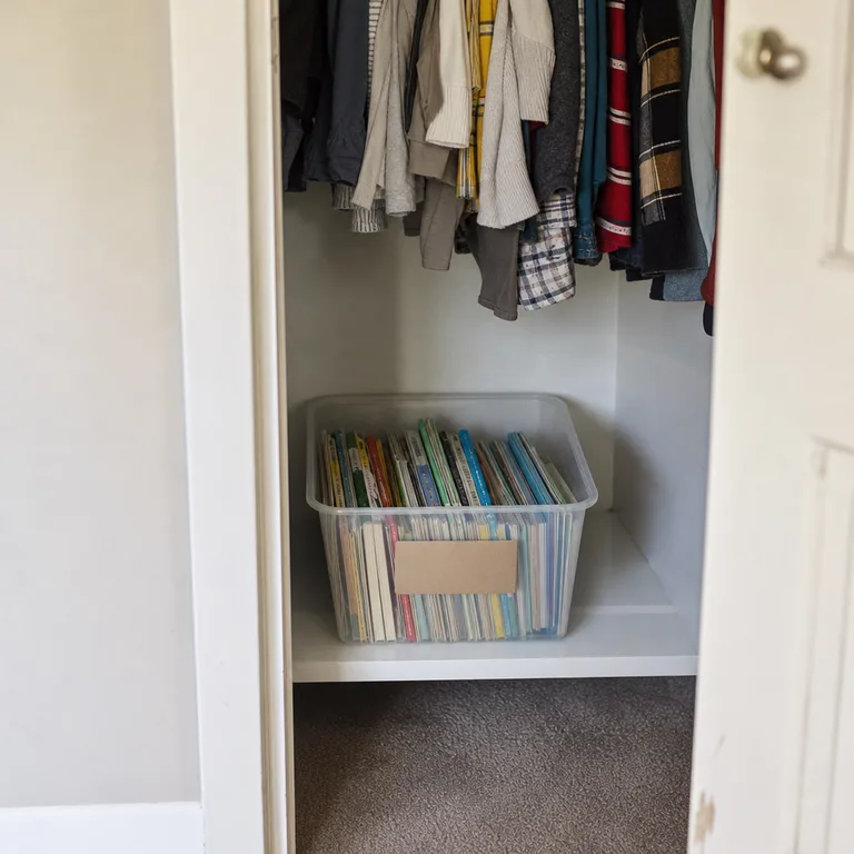 A clear bin on a low closet shelf holds children's books kept for a later rotation.