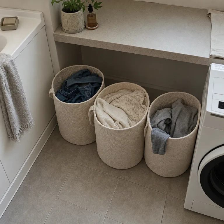 Three open fabric baskets sort laundry beneath a small counter next to a washing machine.
