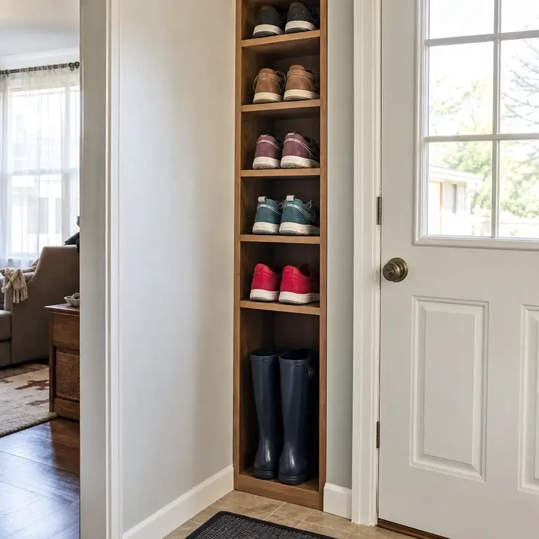 Narrow vertical cubby rack assigning shoe space to family members.