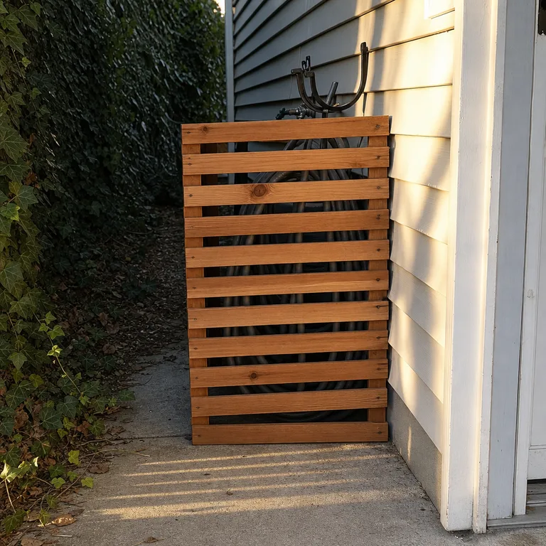 Gray hose concealed behind a short cedar slatted screen beside a house.