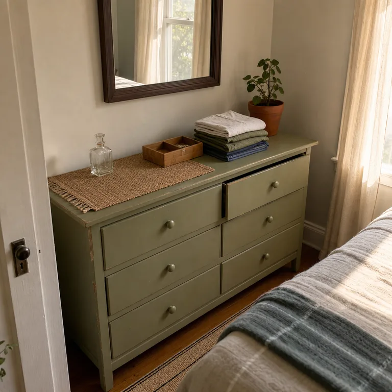 A painted bedroom dresser with a mirror, a bamboo grooming organizer, and room left for folded clothing.