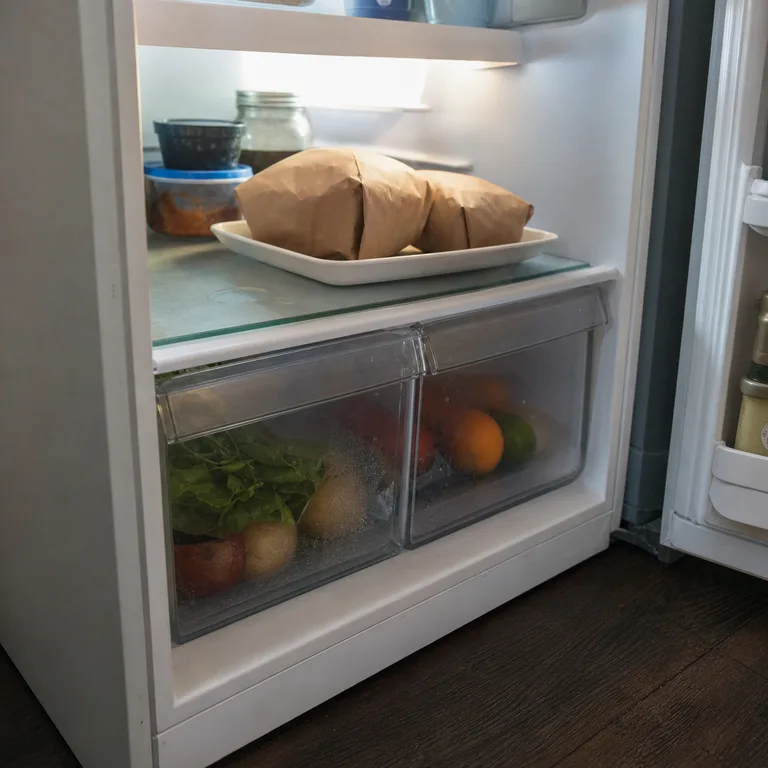 A shallow tray on a low refrigerator shelf containing securely wrapped raw meat.