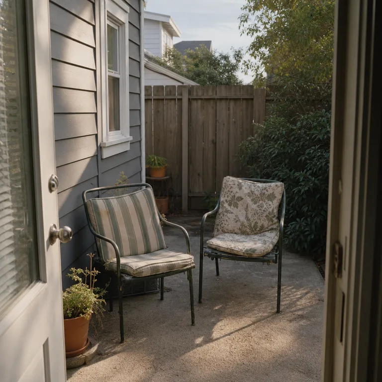Two existing patio chairs with mixed outdoor cushions on a small concrete patio.