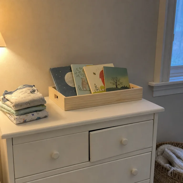 A shallow wooden tray on a low dresser holds several large picture books for easy browsing.