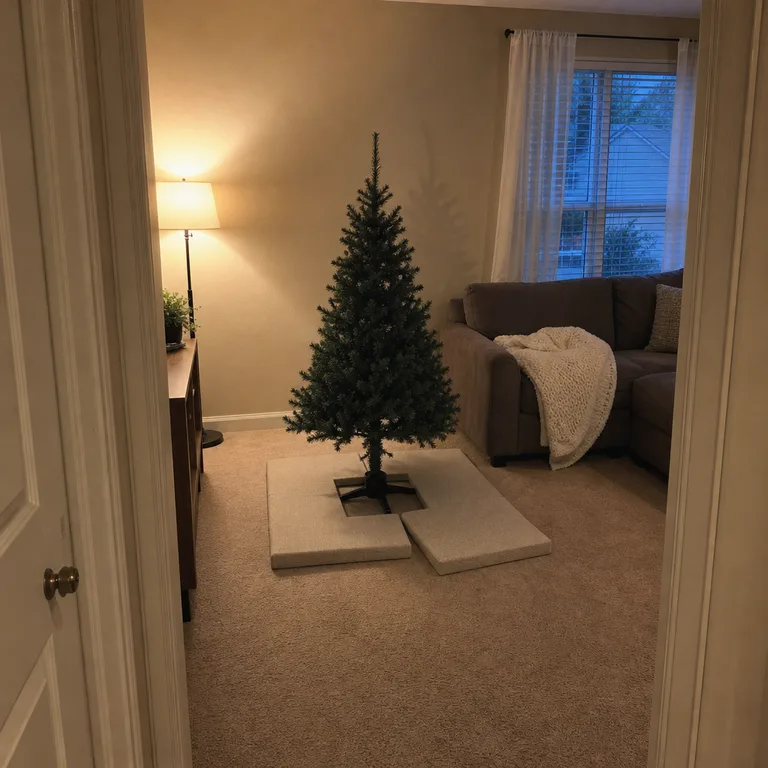Low oatmeal fabric panels arranged loosely around an artificial tree stand in a living room.