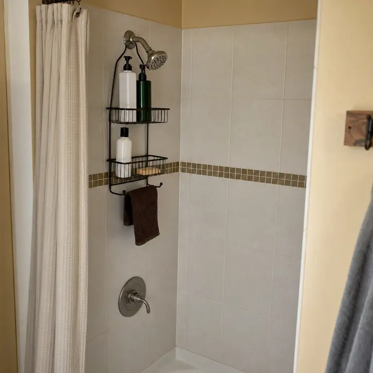 Hanging shower caddy organizing soap and bath products inside a tiled shower.