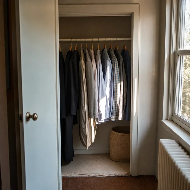 A small closet rod divided between current-season clothing and covered off-season garments.