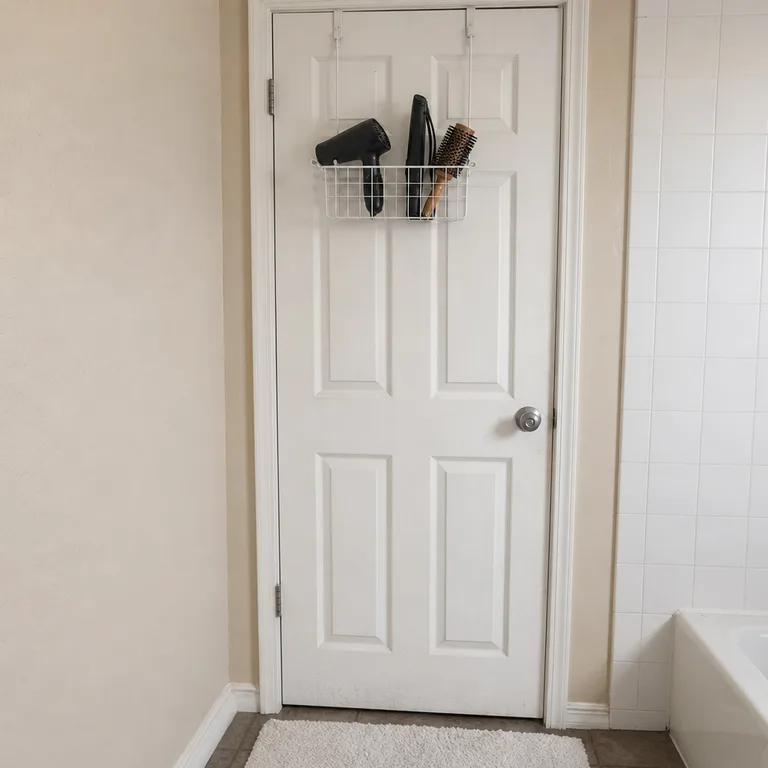 A white over-door wire basket holding cooled hair tools on a small bathroom door.