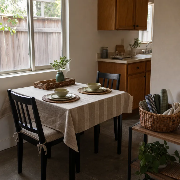 Nearby basket on a shelf stores placemats and napkins for quick dining table resets.