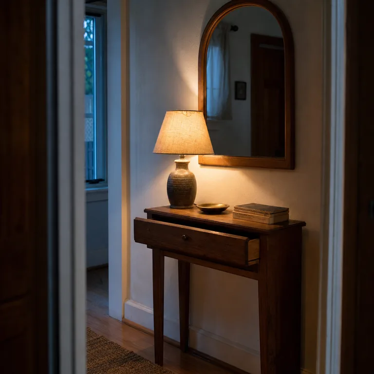 Arched wood-framed mirror over a small vintage desk with a lamp and brass catchall dish.