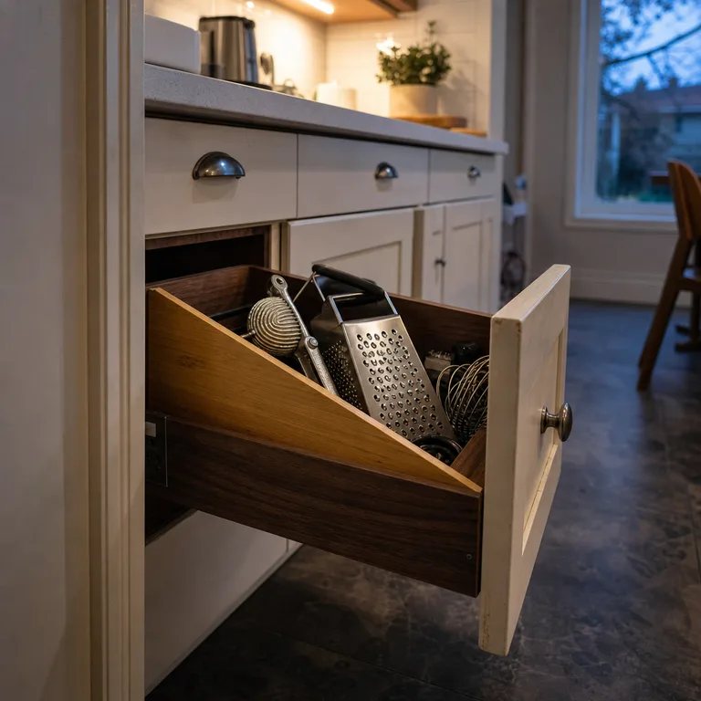 Open kitchen drawer with a diagonal compartment for bulky handheld gadgets.