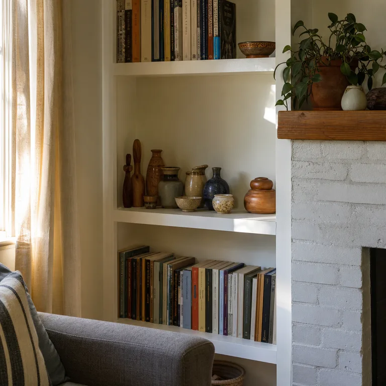A small collection of ceramics and wooden objects is grouped on one bookshelf shelf.