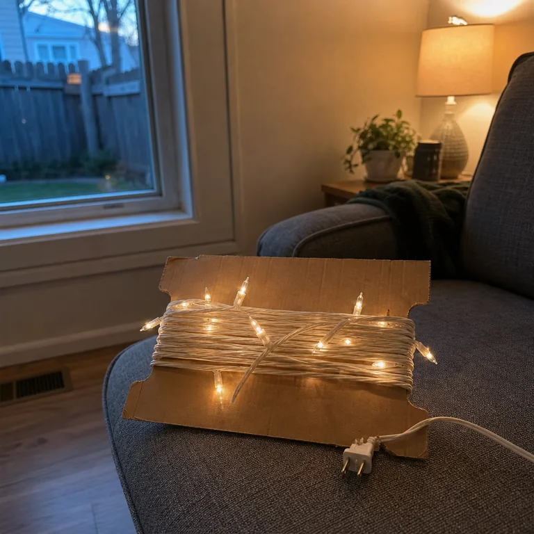 A string of Christmas lights wound around a notched cardboard panel for tangle-free storage.